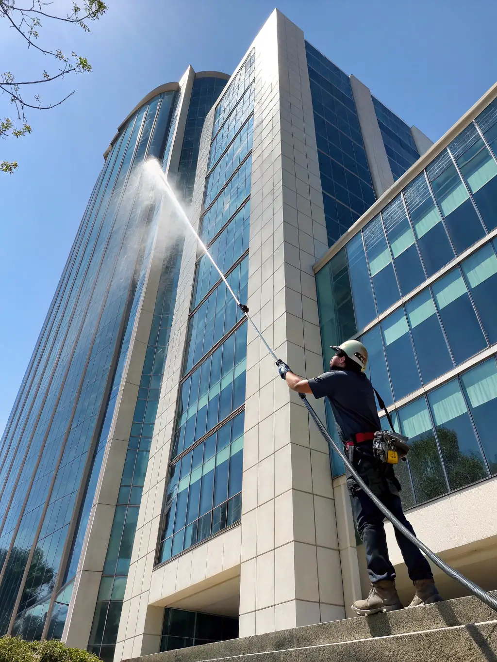 A commercial building's exterior being power washed, showing the removal of grime and dirt, resulting in a cleaner and more professional appearance.