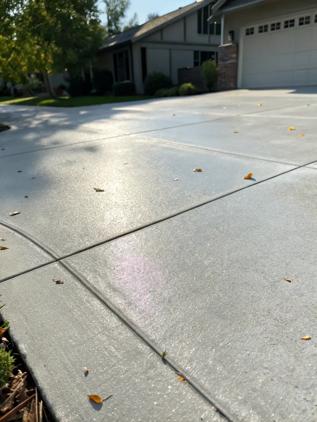 A concrete driveway with visible stains and moss being power washed, with a clear contrast between the dirty and clean areas.