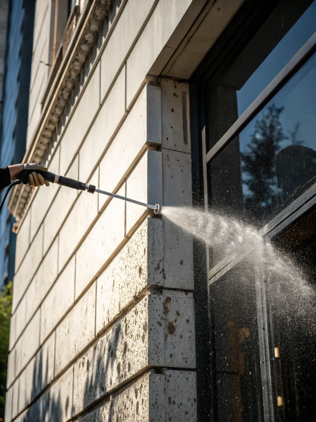 A commercial building's facade being power washed, showing the removal of grime and dirt, resulting in a cleaner and more professional appearance.