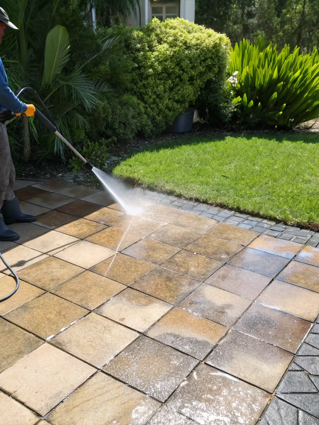 Pavers being cleaned with a power washer, removing dirt and grime to reveal the original color and texture of the pavers.