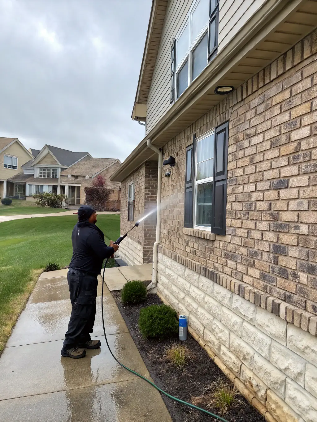 A residential house with siding being gently soft washed, with visible mold and algae being removed, showcasing the effectiveness of the house soft wash service.
