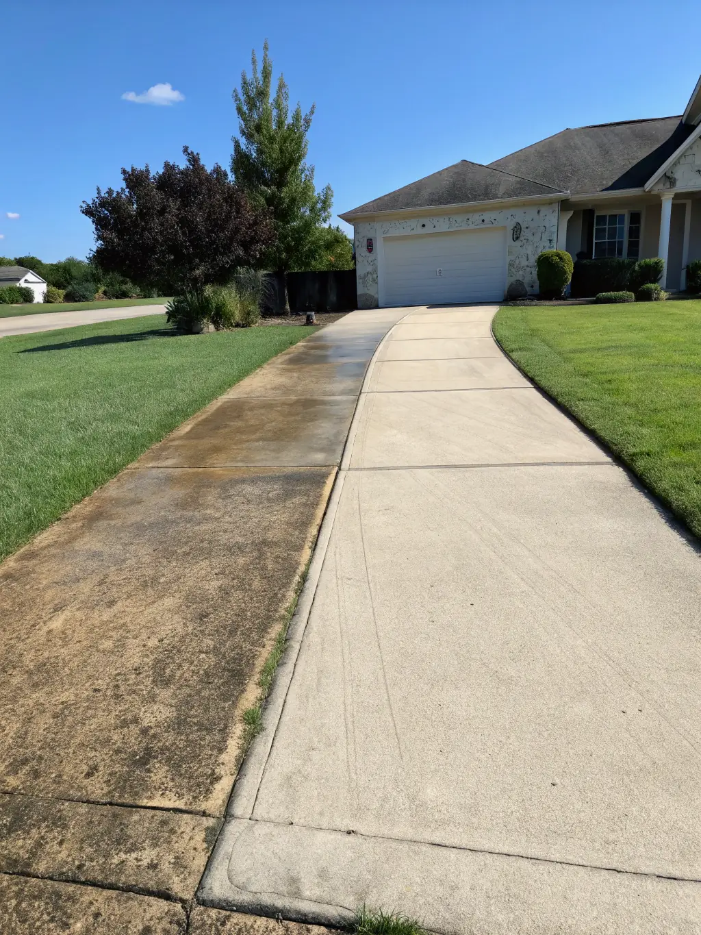 A before-and-after shot of a driveway, with the 'before' side covered in stains and moss, and the 'after' side clean and restored.